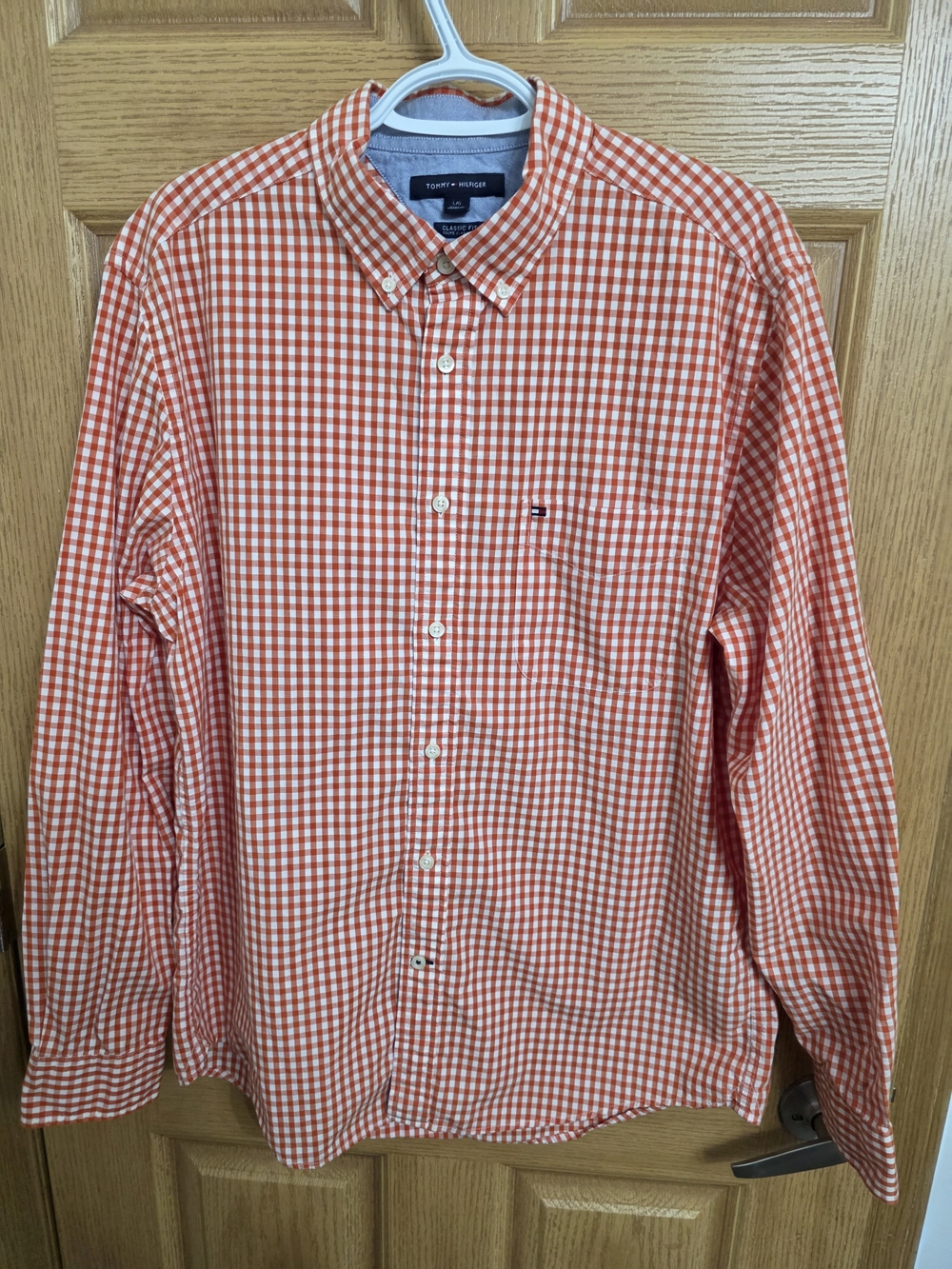 Tommy Hilfiger Orange and White Gingham Button-Down Shirt - Chest Pocket